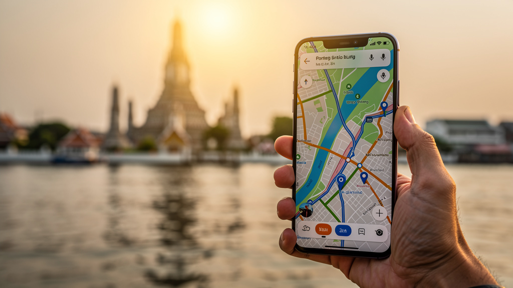 Điện thoại thông minh hiển thị tín hiệu 5G của Thái Lan trước các ngôi chùa ở Bangkok lúc hoàng hôn.