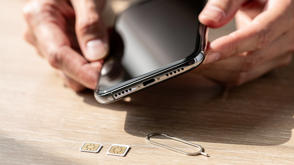 Điện thoại thông minh hiển thị mã QR eSIM bên cạnh thẻ SIM vật lý.