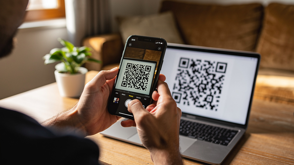 Hands holding iPhone and Samsung phones scanning an eSIM QR code on a laptop