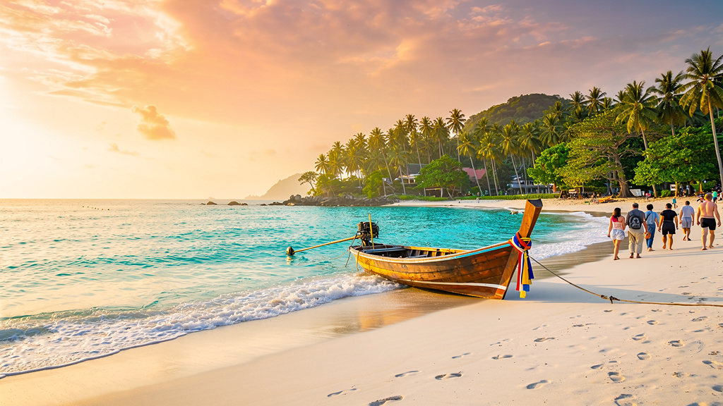Tropical beach with limestone islands and longtail boats in Phuket